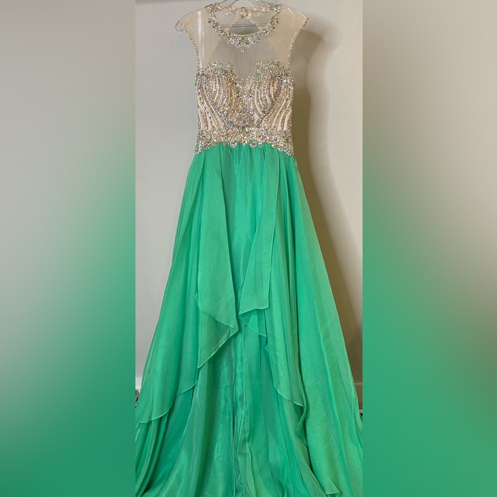 Ariel - Seafoam Green Bejeweled Chiffon Gown
